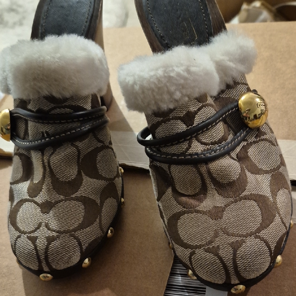 Coach Brown Patterned Clogs with Gold Details
